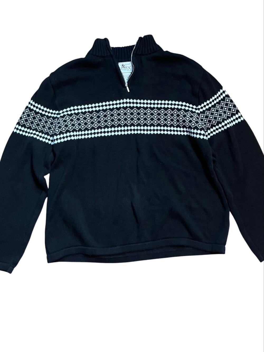 Madison & Max Petite M Fair Isle Quarter Zip Cotton Sweater Black White Ski